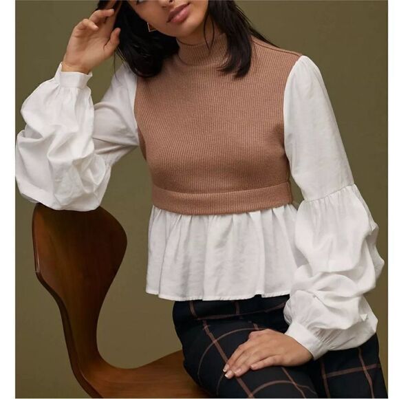 NEW Anthropologie Ruffled Layered Mock Neck Top Sweater - Picture 3 of 10